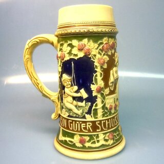 Bierkrug Ein guter Schuss, welch Hochgenuss Keramik München um 1900