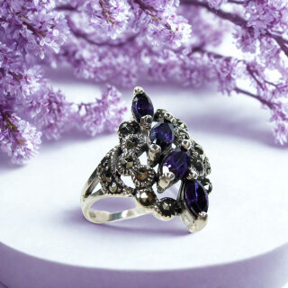 Amethyst Ring Jugendstil Navette aus 925 Silber mit Markasit