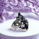 Amethyst Ring Jugendstil Navette aus 925 Silber mit Markasit