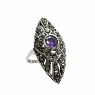 Noblesse  Silber Amethyst Jugendstil Navette Ring mit Markasit