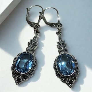 Jugendstil Ohrschmuck aus 925 Silber mit Aquamarin & Markasit – Handgefertigt