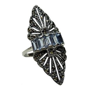 Noblesse Silber Jugendstil Navette Ring mit Markasit + Aquamarinen