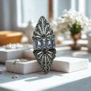 Jugendstil Ring mit  Aquamarin & Markasit – 925 Sterling Silber Navette Design