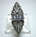 Noblesse Silber Jugendstil Navette Ring mit Markasit + Aquamarinen