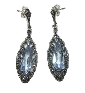 925 Silber Aquamarin Jugendstil Hänge Ohrringe mit Markasiten