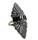 Noblesse Silber Jugendstil Navette Ring mit Markasit + Onyx