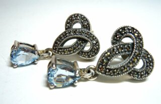 Jugendstil Aquamarin 925 Silber Hänge Ohrringe mit Markasiten