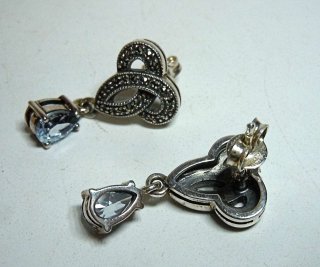 Jugendstil Aquamarin 925 Silber Hnge Ohrringe mit Markasiten