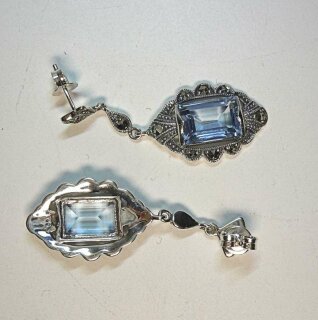 925 Silber Aquamarin Jugendstil Hänge Ohrringe mit handgefaßten Markasiten