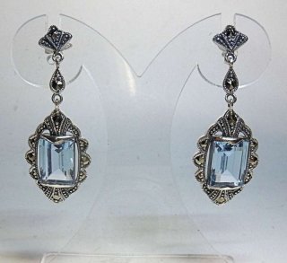 925 Silber Aquamarin Jugendstil Hnge Ohrringe mit handgefaten Markasiten
