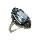 Noblesse Silber Jugendstil Navette Ring mit Aquamarin + Markasiten