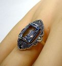 Noblesse Silber Jugendstil Navette Ring mit Aquamarin + Markasiten