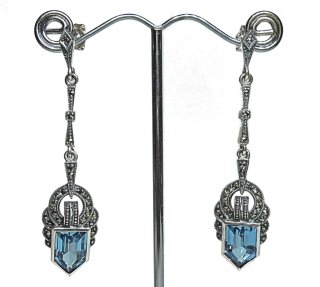 925 Silber Aquamarin Jugendstil Hänge Ohrringe mit handgefassten Markasiten