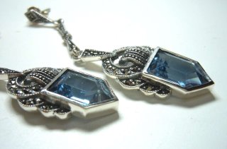 925 Silber Aquamarin Jugendstil Hnge Ohrringe mit handgefassten Markasiten