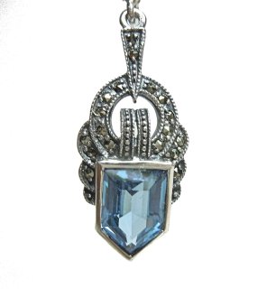 925 Silber Aquamarin Jugendstil Hnge Ohrringe mit handgefassten Markasiten