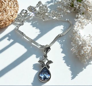 Aquamarin Anhänger Tropfenform mit Markasiten – 925 Silber Kette – Jugendstil / Art Déco