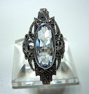 Prchtiger Noblesse Silber Jugendstil Navette Ring mit Aquamarin + Markasiten