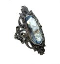 Prächtiger Noblesse Silber Jugendstil Navette Ring mit Aquamarin + Markasiten