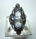 Prächtiger Noblesse Silber Jugendstil Navette Ring mit Aquamarin + Markasiten