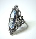 Prächtiger Noblesse Silber Jugendstil Navette Ring mit Aquamarin + Markasiten