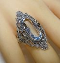 Prächtiger Noblesse Silber Jugendstil Navette Ring mit Aquamarin + Markasiten