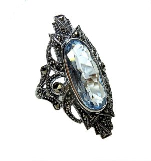 Prächtiger Noblesse Silber Jugendstil Navette Ring mit Aquamarin + Markasiten RG58