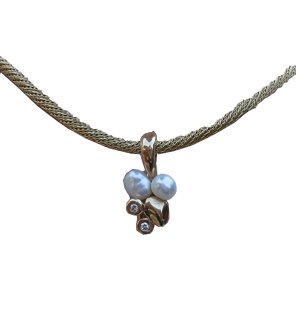 585 Schlangen Collier mit Perlen & Brillant Anhänger in Reben Form