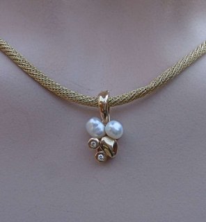 585 Schlangen Collier mit Perlen & Brillant Anhnger in Reben Form