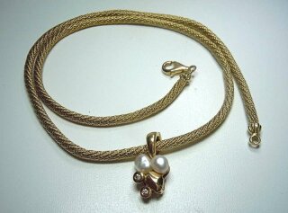 585 Schlangen Collier mit Perlen & Brillant Anhänger in Reben Form