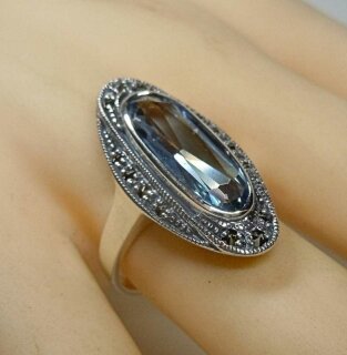 Noblesse Silber Jugendstil Ring mit ovalem Aquamarin + Markasiten 