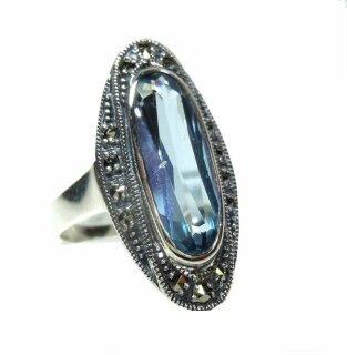 Noblesse Silber Jugendstil Ring mit ovalem Aquamarin + Markasiten  RG54