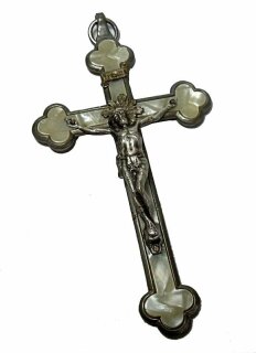 Antikes Jugendstil Bischof Kreuz mit Jesu & prachtvollen Perlmutt Intarsien um 1900