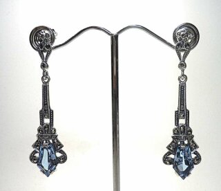 925 Silber Aquamarin ART DECO Hänge Ohrringe mit handgefassten Markasiten