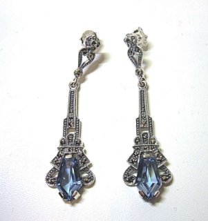 925 Silber Aquamarin ART DECO Hnge Ohrringe mit handgefassten Markasiten