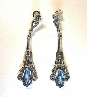 925 Silber Aquamarin ART DECO Hänge Ohrringe mit handgefassten Markasiten
