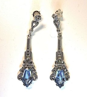 925 Silber Aquamarin ART DECO Hnge Ohrringe mit handgefassten Markasiten