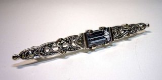 Prchtige Silber ART DECO Aquamarin Stab Brosche mit Markasiten