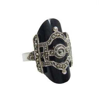 Eleganter Sterling Silber Onyx Art Deco Ring mit Markasiten RG56