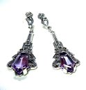 925 Silber Amethyst ART DECO Hänge Ohrringe mit handgefassten Markasiten