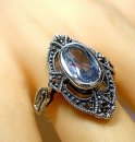 Noblesse Silber Jugendstil Ring mit ovalem Aquamarin + Markasiten handgefaßt