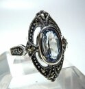 Noblesse Silber Jugendstil Ring mit ovalem Aquamarin + Markasiten handgefaßt RG53