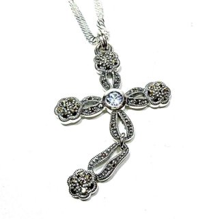 Silber Jugendstil Markasit Kreuz Anhnger mit Aquamarin an Kette