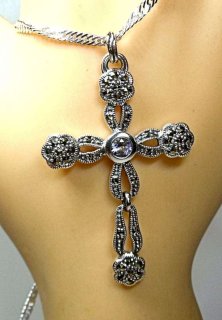 Silber Jugendstil Markasit Kreuz Anhnger mit Aquamarin an Kette