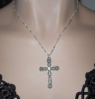 Silber Jugendstil Markasit Kreuz Anhnger mit Aquamarin an Kette