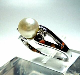 585 Weißgold Perlen Ring mit Diamanten RG 57