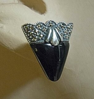 Art Deco Dreieck Silber Ohrstecker Ohrringe mit Onyx und Markasiten