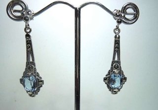 925 Silber Aquamarin Jugendstil Hnge Ohrringe mit handgefassten Markasiten
