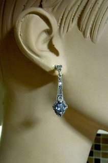 925 Silber Aquamarin Jugendstil Hnge Ohrringe mit handgefassten Markasiten