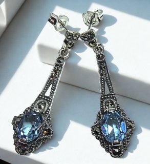 Exklusive Jugendstil-Ohrhänger aus 925 Silber mit handgefasstem Aquamarin & Markasit