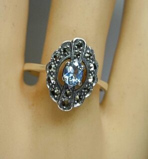 Feiner Silber Jugendstil Ring mit ovalem Aquamarin + Markasiten handgefaßt